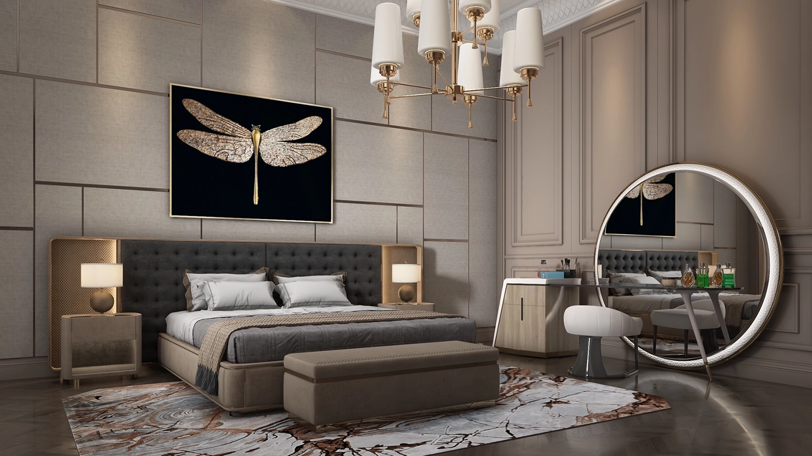 Çağdaş yatak odası 3D iç mekan render görüntüsü