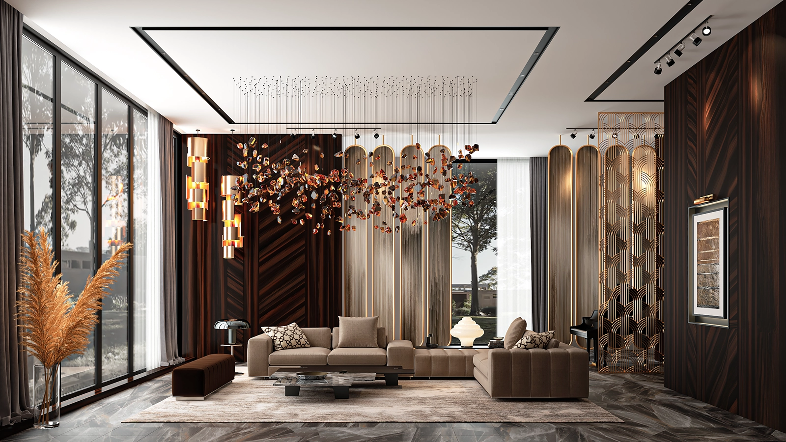 Yüksek tavana sahip oturma odası Vray 3D render görüntüsü