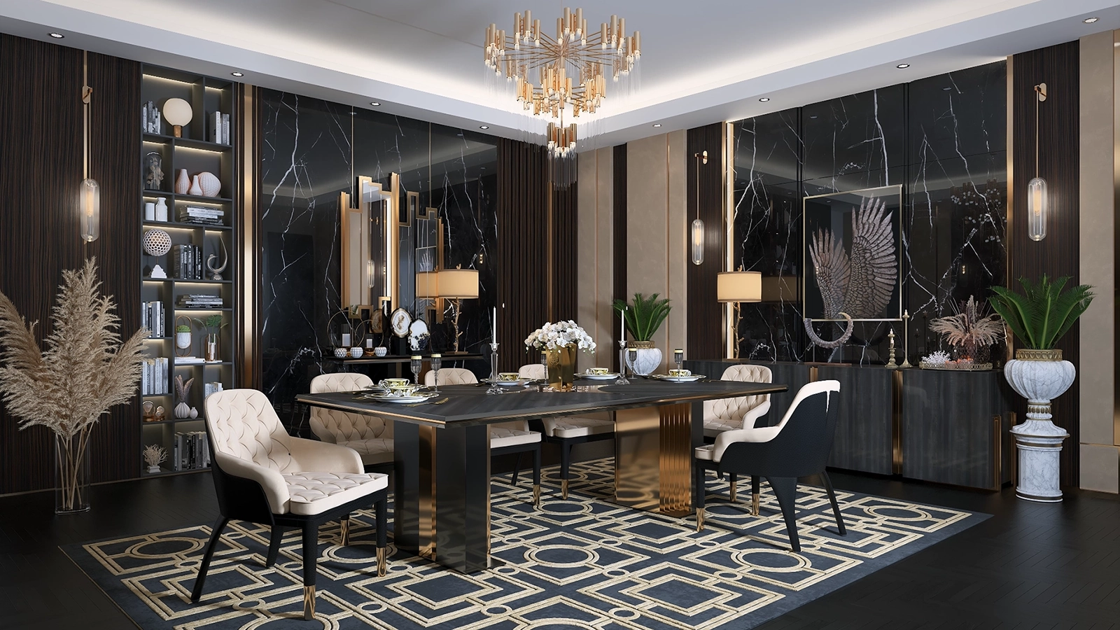 Lüks yemek odası 3D render görüntüsü