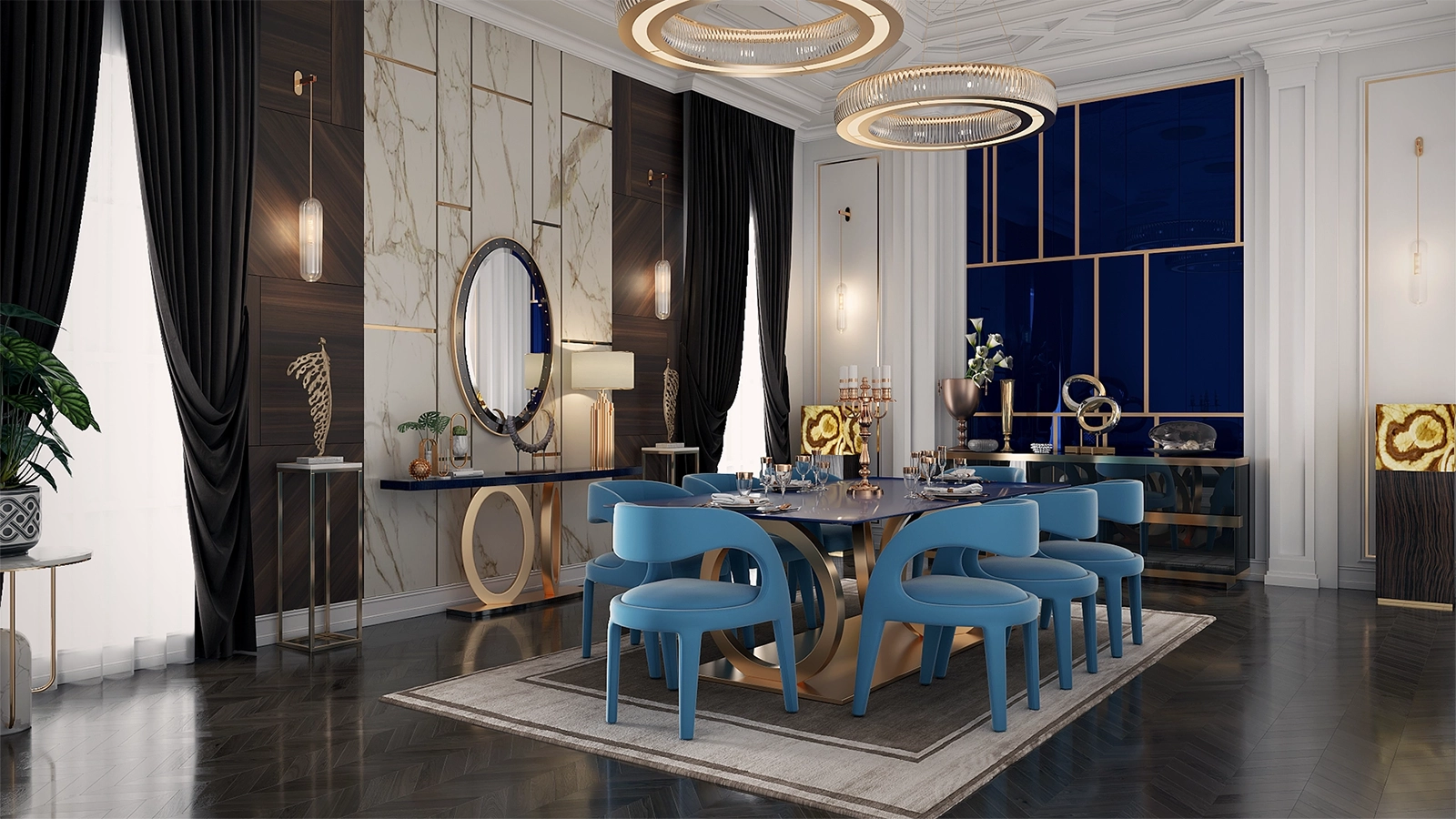 Apartman yemek odası 3D render görüntüsü