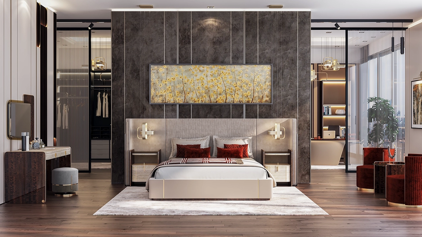 Modern yatak odası 3D iç mekan render görüntüsü