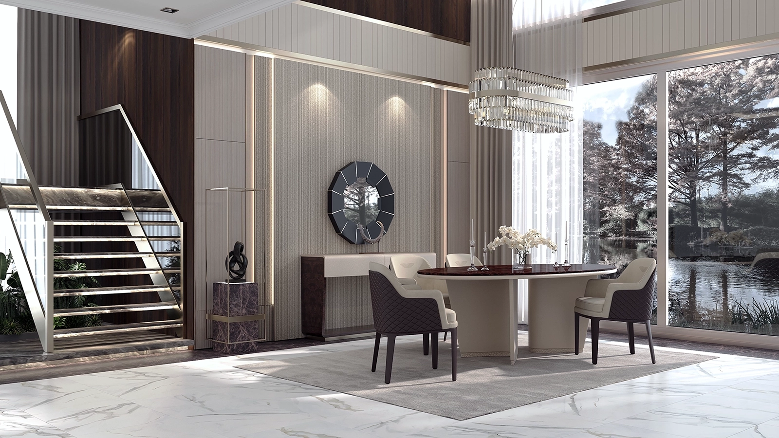 Modern yemek odası 3D render görüntüsü