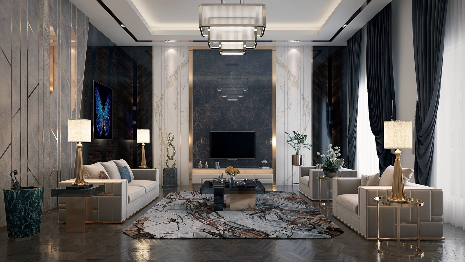 Modern oturma odası iç mekan 3D render çalışması