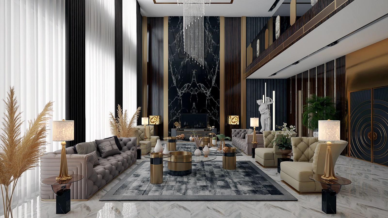 Çağdaş tarzda oturma odası 3D Max render görüntüsü