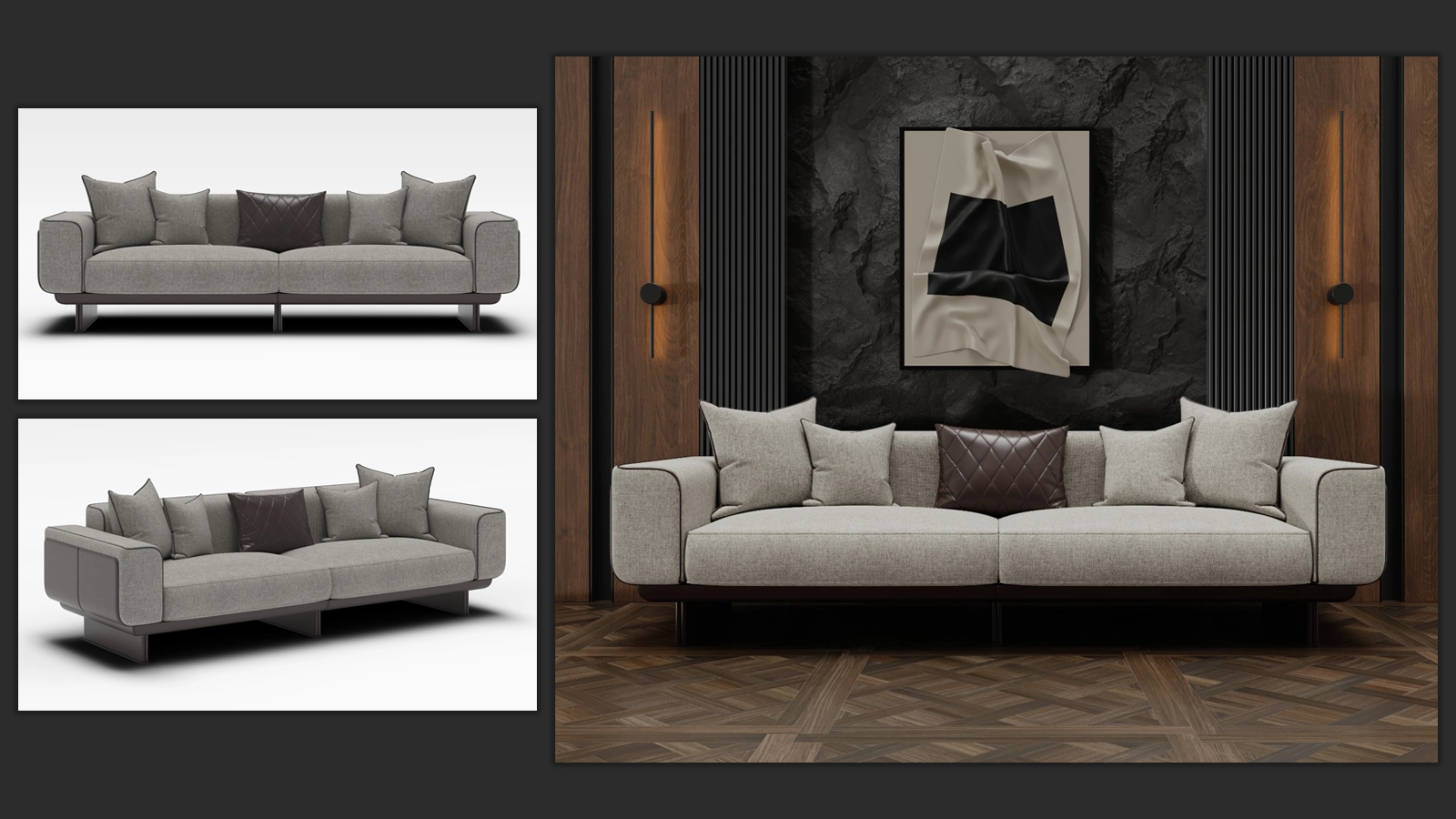 Modern deri ve kumaş koltuk 3D render görüntüsü