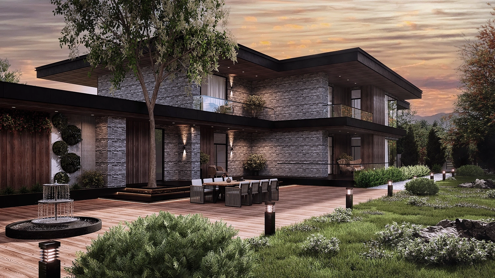 Gün ışığında modern villanın dış cephe 3D render görüntüsü