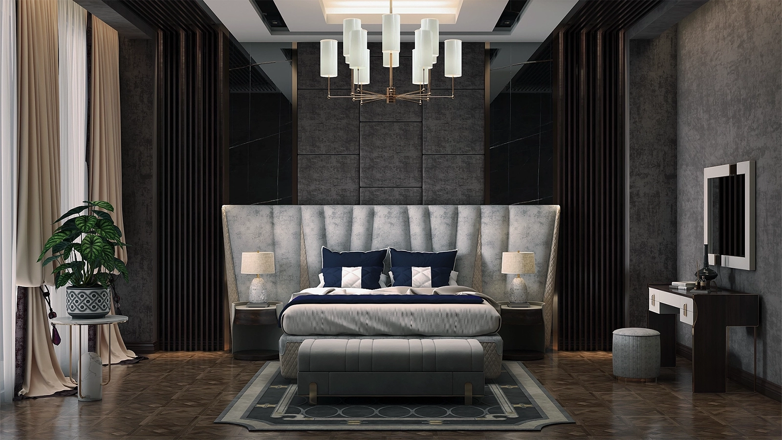 Soft modern yatak odası 3D render görüntüsü