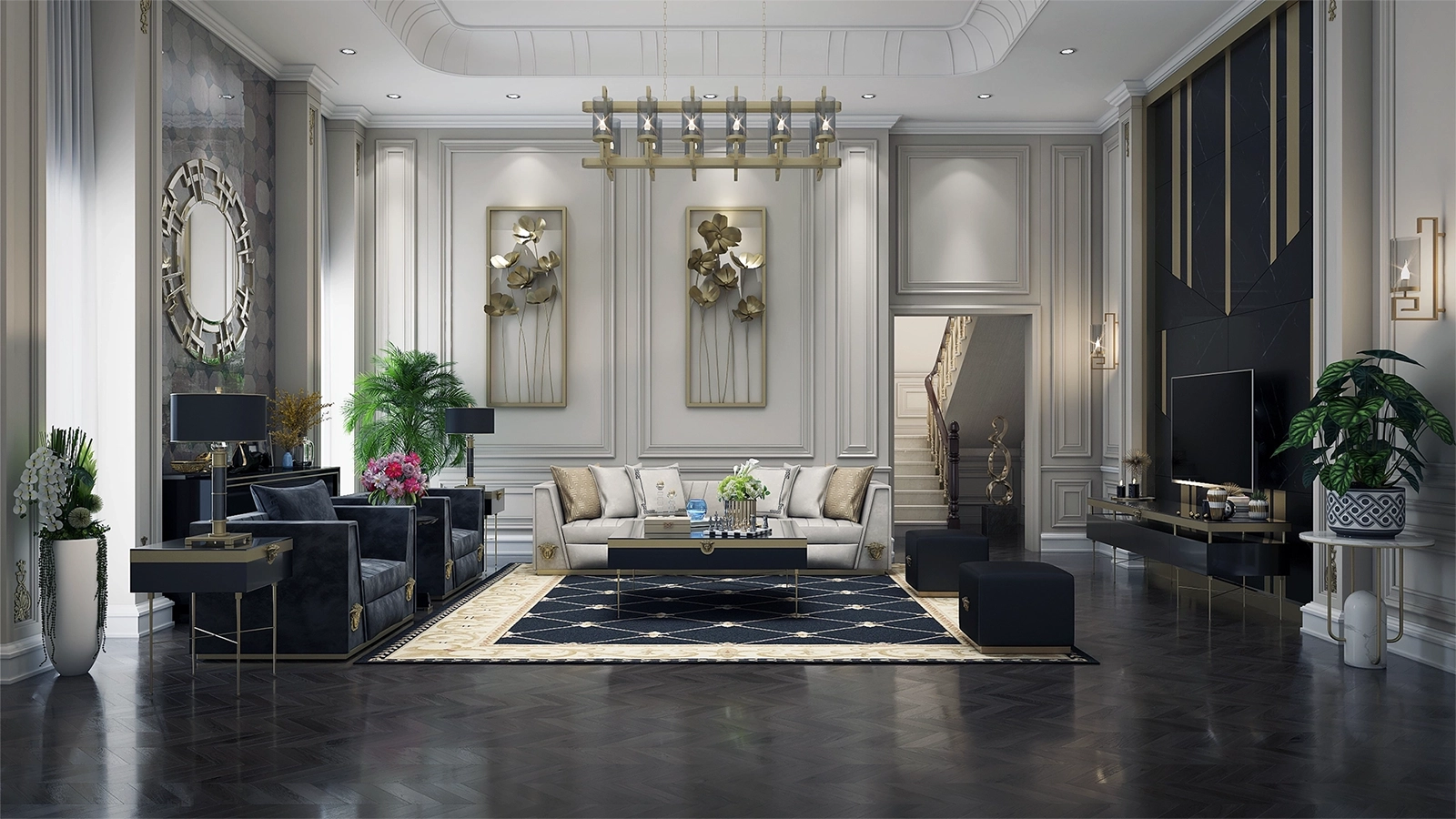 Yüksek tavanlı ve ferah oturma odası 3D render görüntüsü