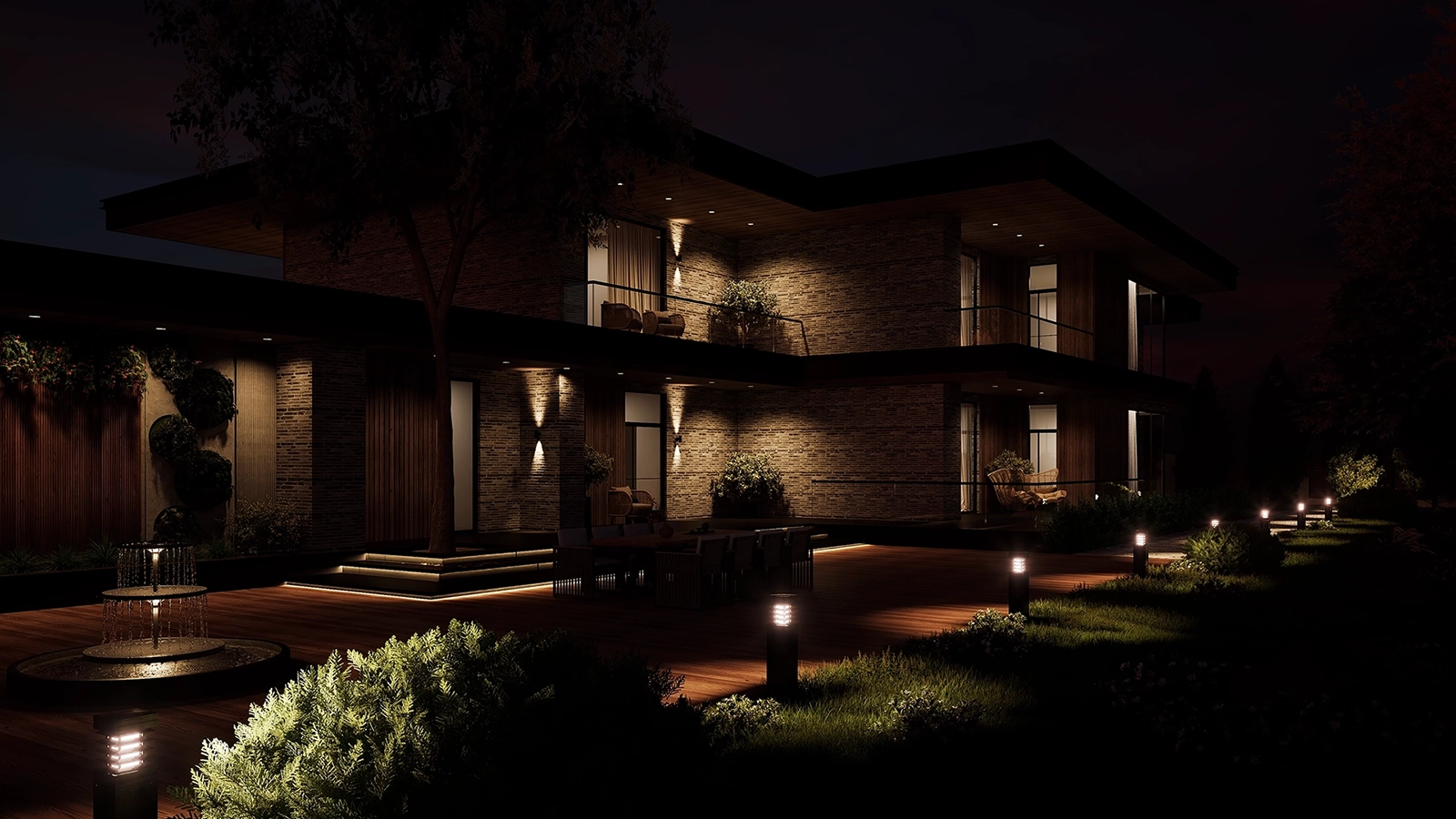 Gece ışıkları ile modern villanın dış cephe 3D görselleştirmesi